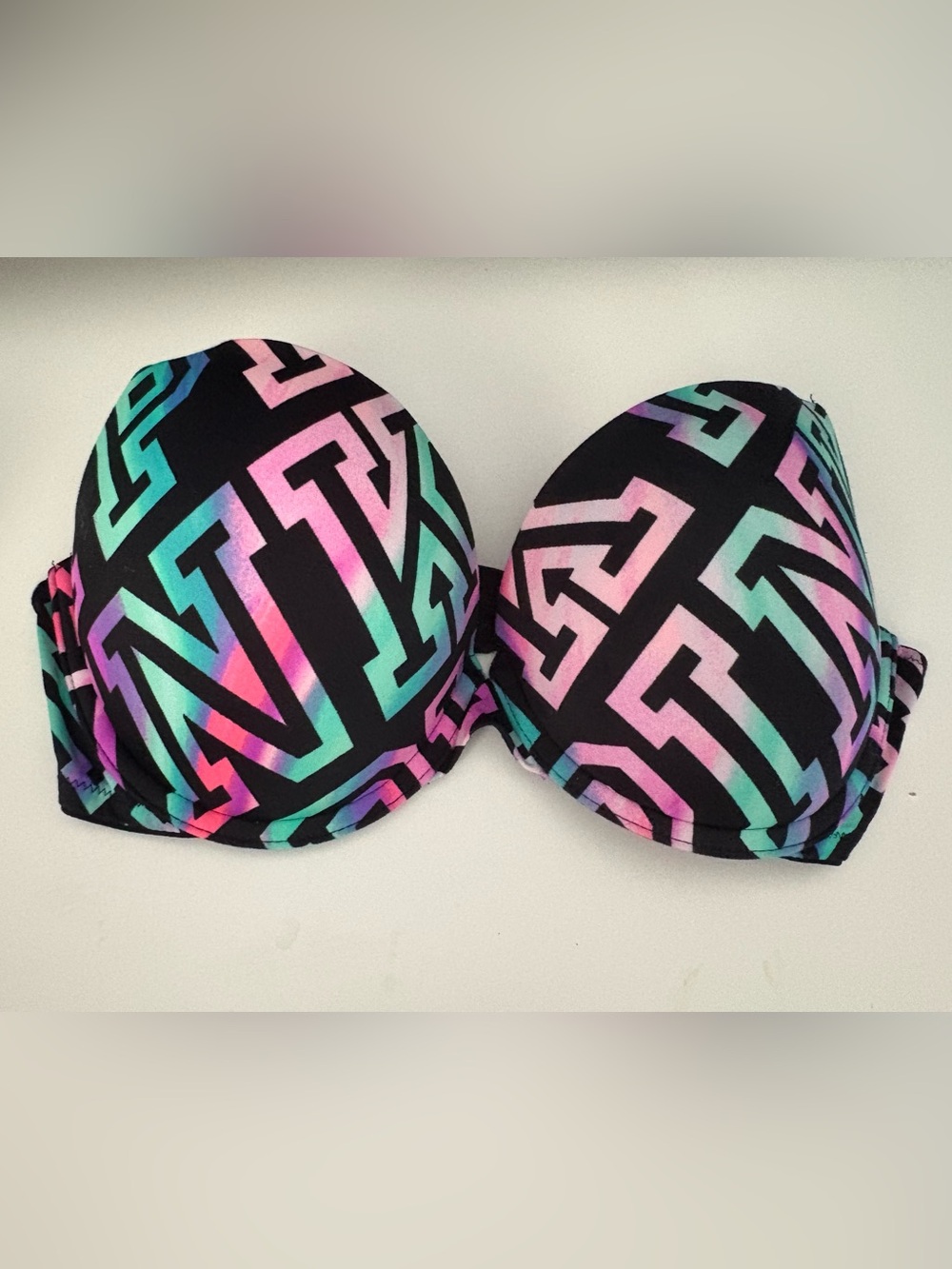 PINK Victoria's Secret Black Bra with Pink & Teal Logo Print